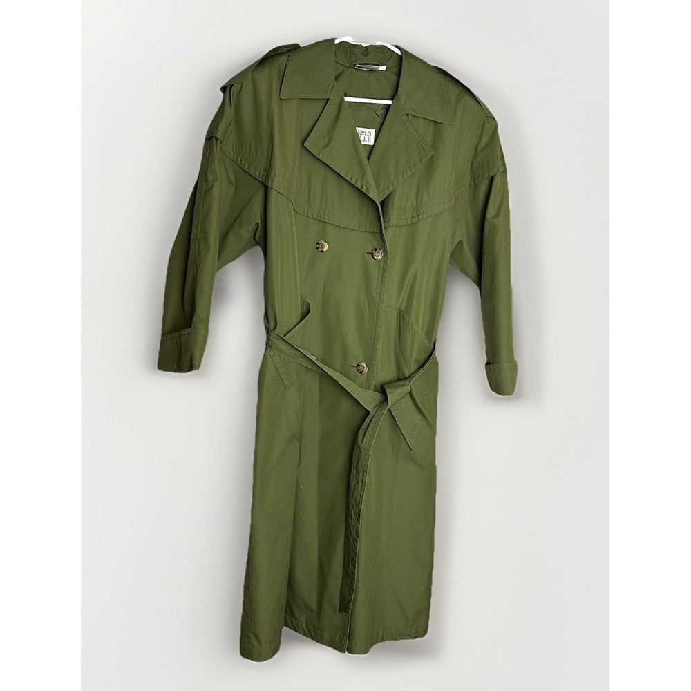VINTAGE Otello Pelle Trench Coat Womens 9/10 Green Military Lagenlook Flowy